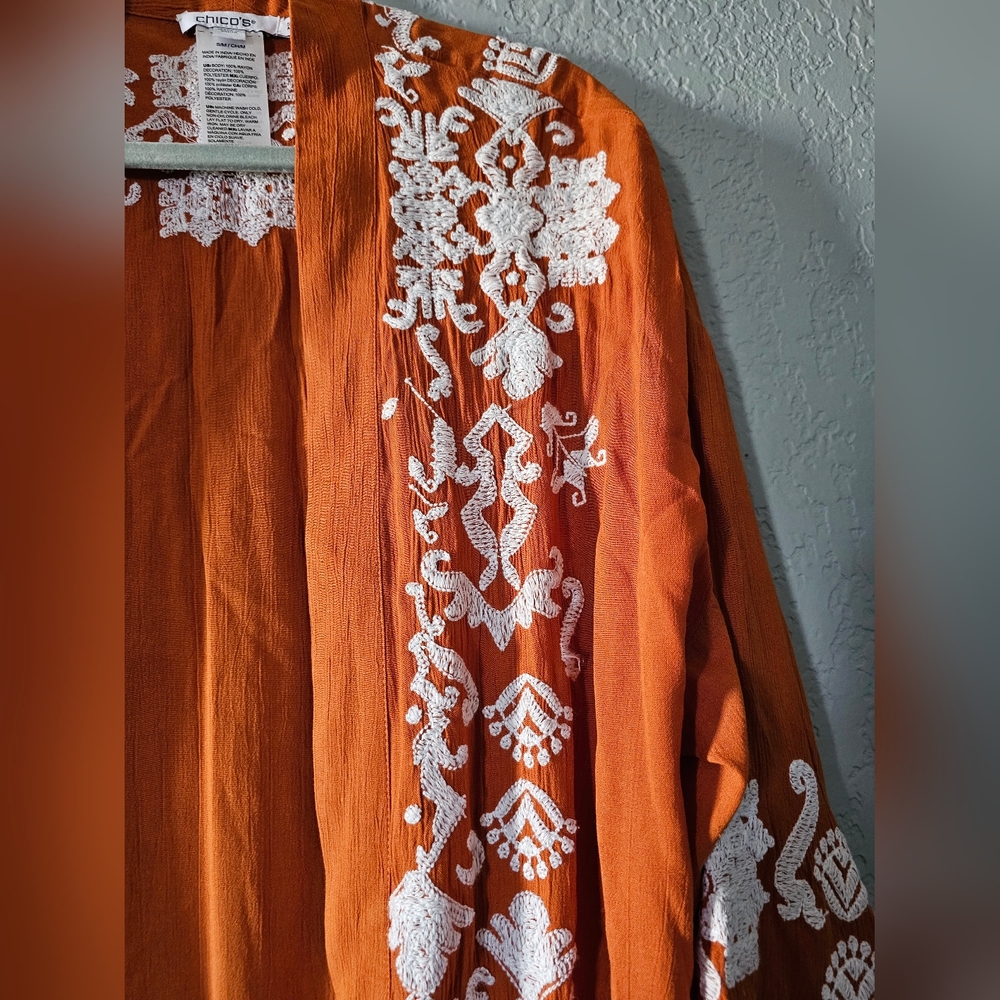 Chico's Burnt Orange Kimono with White Embroidery - Picture 2 of 8